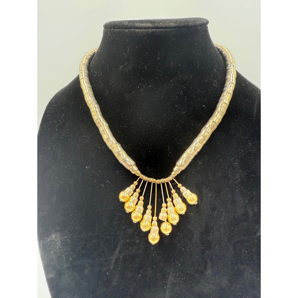 Vintage Gold Tone Beaded Fringe‎ Statement Necklace Snake Chain Industrial Style